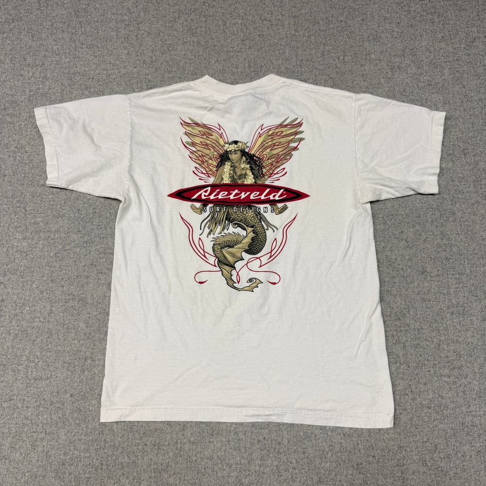 Rietveld Surf Designs T Shirt L White Graphic Winged Mermaid Vintage USA Made